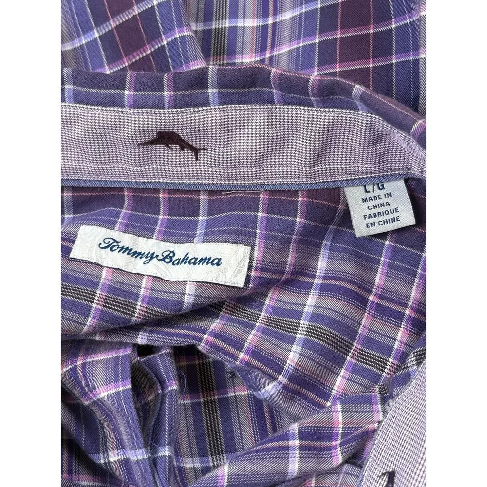 Tommy Bahama Lazlo Plaid Long Sleeve Button Shirt Men's Large Purple Cotton Silk